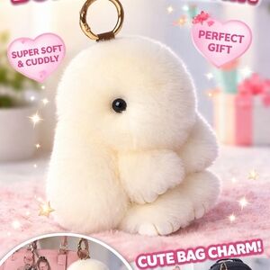 Plush Cream Bunny Keychain Bag Charm with Gold Ring